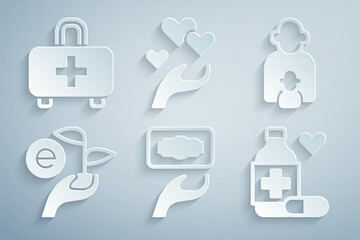 Set Donation and charity, Taking care of children, Leaf hand, Medicine bottle pills, Heart and First aid kit icon. Vector