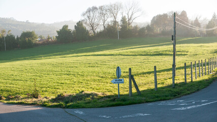 Pradera de hierba cercada junto a carretera rural