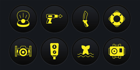 Set Photo camera for diver, Lifebuoy, Gauge scale, Whale tail, Diving knife, Fishing harpoon, and Pearl icon. Vector