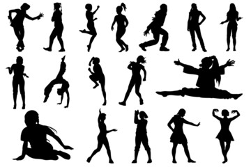 Active children and teenagers dance, jump, move, set of vector silhouettes.