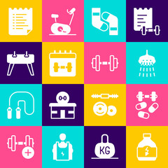 Fototapeta premium Set Sports nutrition, doping with dumbbell, Shower, Socks, Calendar fitness, Pommel horse, training program and Dumbbell icon. Vector