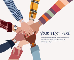 Group of hands on top of each other in a circle of diverse multi-ethnic and multicultural people.Community team partnership concept.People of different races and cultures.Racial equality - obrazy, fototapety, plakaty