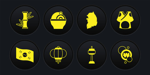 Set South Korea flag, Kimono, Korean lantern, N Seoul tower in, map, Ramen, won coin and Bamboo icon. Vector