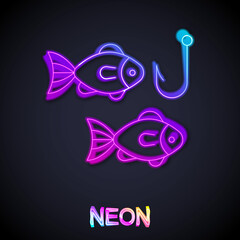 Glowing neon line Fishing hook under water with fish icon isolated on black background. Fishing tackle. Vector