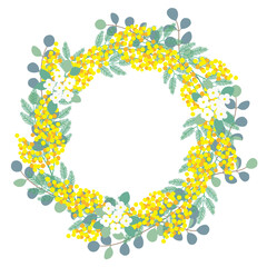 ミモザとユーカリとアリッサムのリースのイラスト