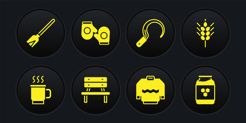 Set Cup of tea, Wheat, Bench, Sweater, Sickle, Christmas mitten, Jar honey and Handle broom icon. Vector