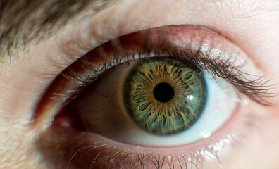 Eye, macro of a green eye, looking at the camera