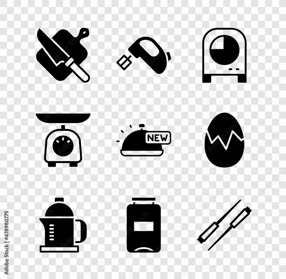 Sticker Set Cutting board and knife, Electric mixer, Kitchen timer, French press, Jam jar, Food chopsticks, Scales and Covered with tray of food icon. Vector