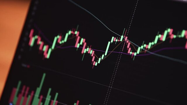 Following the cryptocurrency coin evolution. A trades is viewing the graph on the crypto stock market through a laptop screen. 4K concept video.
