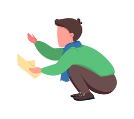 Boy with origami ship semi flat color vector character. Holding toy figure. Full body person on white. Autumn activity isolated modern cartoon style illustration for graphic design and animation