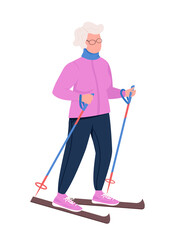 Grandma skiing semi flat color vector character. Elderly figure. Full body person on white. Winter activity isolated modern cartoon style illustration for graphic design and animation