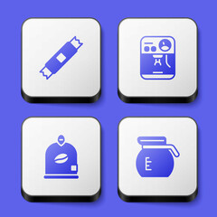 Set Sugar stick packets, Coffee machine, Bag coffee beans and pot icon. White square button. Vector