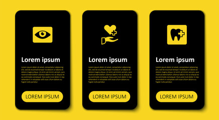 Set Dental clinic location, Heart with cross and Red eye effect. Business infographic template. Vector
