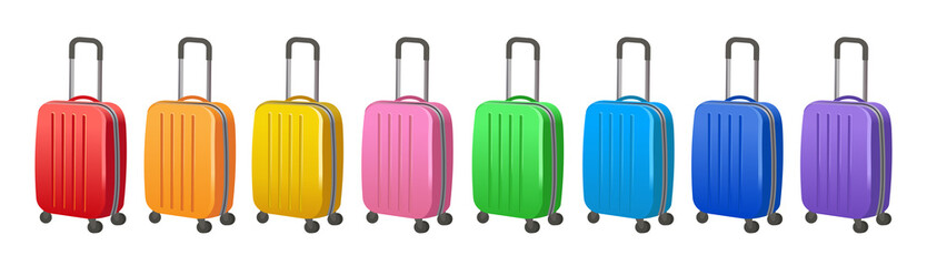 Set of multicolored suitcases on white background