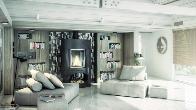 Sitting Group at Fireplace Inside a Villa - loopable 3d visualization