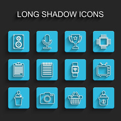 Set line Speaker, Photo camera, Stereo speaker, Shopping basket, Information desk, Notebook, Television tv and Smartwatch with wireless icon. Vector