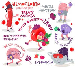 Health benefits of iron. Medial infographic with funny characters.