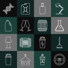 Set line Steering wheel, Rubber plunger, Test tube and flask, Travel suitcase, Glasses of champagne, Household chemicals bottle, DNA symbol and Wooden barrel icon. Vector