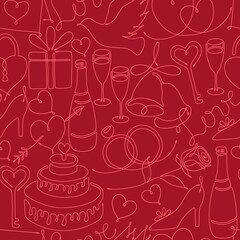 Red seamless doodle pattern with one line drawing of romantic symbols: hearts rose cake gift bells rings dove shoe wineglass champagne gift love key heart shaped padlock. For Wedding, Valentine day