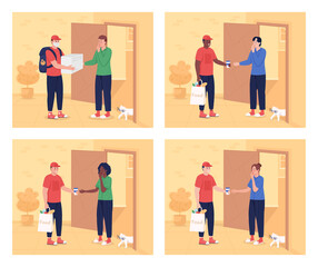 Morning delivery to door flat color vector illustration set. Giving coffee to sleepy customer. Courier welcomed by customer 2D cartoon characters with interior on background bundle