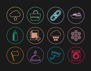 Fototapeta premium Set line Washer, Snowflake, Chain link, Add new file, Baby bottle, Cloud upload, with snow and Handbag icon. Vector