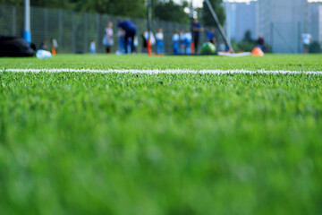 football green grass with a white stripe on the background of a football team in the distance. side...