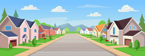 Suburban houses, street with cottages with garages. A street of houses with green trees and a road in perspective. Village. Vector illustration in cartoon style. © NADEZHDA