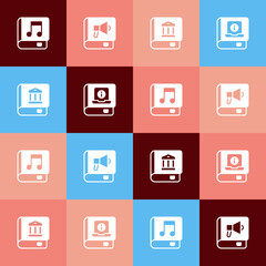 Set pop art Audio book, Book, Law and User manual icon. Vector