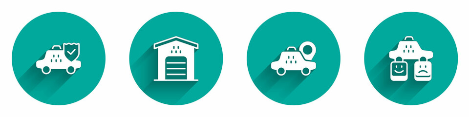 Fototapeta premium Set Taxi car insurance, Garage for taxi, Location and service rating icon with long shadow. Vector