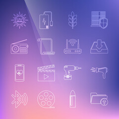 Fototapeta na wymiar Set line Download arrow with folder, Hair dryer, inbox, Wheat, Paper scroll, Radio, UV protection and Router and wi-fi icon. Vector