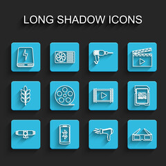 Set line Diploma rolled scroll, Smartphone with, Power bank, Hair dryer, 3D cinema glasses, Film reel, SD card and Play Video icon. Vector