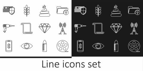 Set line Film reel, Antenna, Shit, Paper scroll, Drill machine, Money protection, Diamond and Wheat icon. Vector