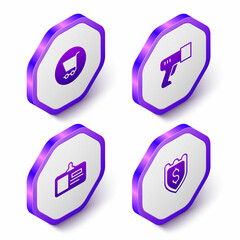 Set Isometric Shopping cart, Scanner scanning bar code, Identification badge and Shield with dollar icon. Purple hexagon button. Vector