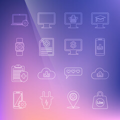 Set line Weight pounds, Cloud upload, Smartphone with download, Monitor shopping basket, Clinical record, Smartwatch setting, Laptop and gear and dollar icon. Vector