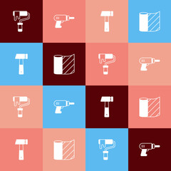 Set pop art Paint roller brush, Electric drill machine, Hammer and Wallpaper icon. Vector