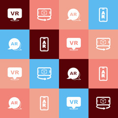 Set pop art Virtual reality, 3d modeling, Augmented AR and icon. Vector
