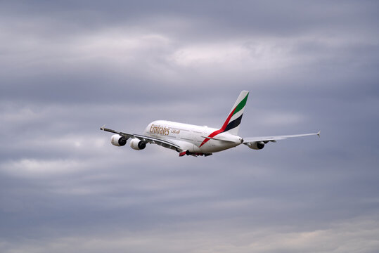 Emirates airplane Airbus A380-861 register A6-EEY taking off from Zurich Airport on a cloudy winter day. Photo taken January 2nd, 2022, Zurich, Switzerland.