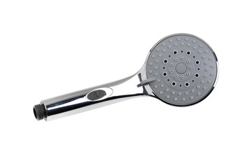 Shower head isolated on white background. Silver shower head close-up.