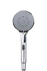 Shower head isolated on white background. Silver shower head close-up.