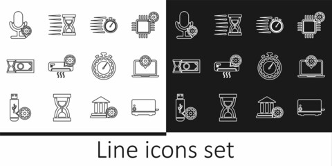 Set line Toaster, Laptop setting, Stopwatch, Air conditioner, Fast payments, Microphone, Time management and Old hourglass with sand icon. Vector