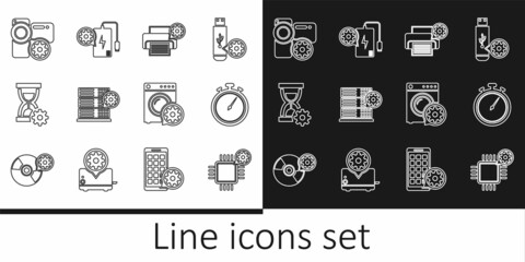 Set line Processor setting, Stopwatch, Printer, Server, Hourglass, Video camera, Washer and Power bank icon. Vector