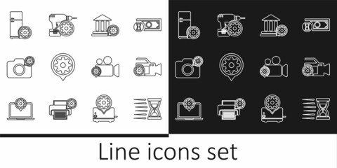 Naklejka premium Set line Old hourglass with sand, Video camera setting, Bank building, Setting, Photo, Refrigerator, and Drill machine icon. Vector