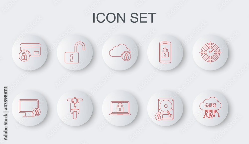 Poster set line cloud api interface, lock on monitor, computing lock, hard disk drive and, credit card with