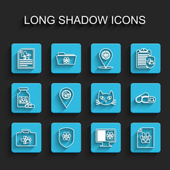 Set line Pet first aid kit, Animal health insurance, Medical certificate for dog or cat, Clinical record pet on monitor, Location veterinary, Cat and pills and icon. Vector