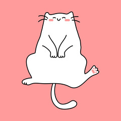 Cute and funny little white cat lying on her back. Isolated in the background. Hand-drawn flat vector illustration in the style of the drawing
