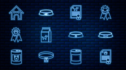 Set line Certificate for dog or cat, Pet food bowl, Bag of, award symbol, Dog house and bone, and icon. Vector