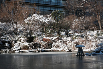 真っ白な世界になった東京、赤坂の東京ミッドタウンと日本庭園
