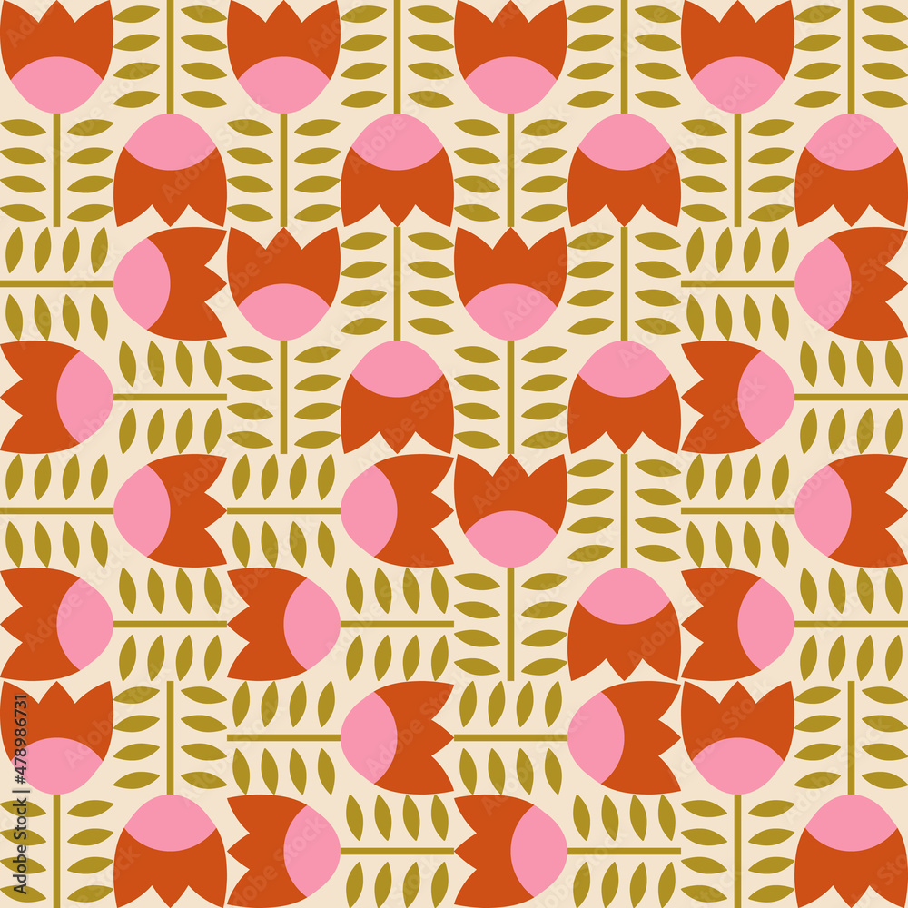 Poster Modern vector abstract  geometric background with stylized flowers, leaves and stems  in retro scandinavian style. Pastel colored simple shapes graphic seamless pattern.