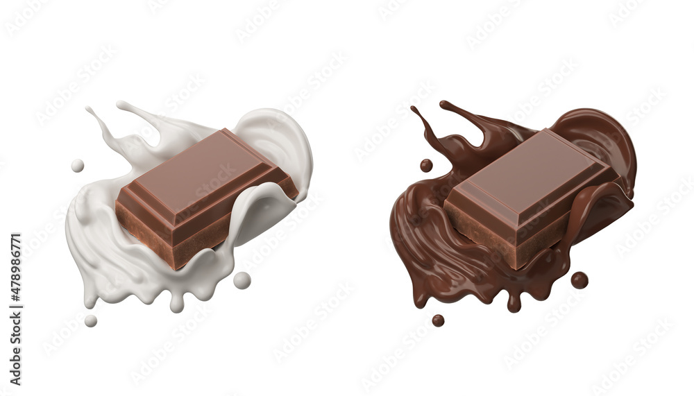 Poster dark chocolate bar icon with milk and chocolate cream splash, 3d illustration.