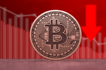 Bitcoin represented as Gold Coin on a fall red blurred background, 3d render. market crash concept